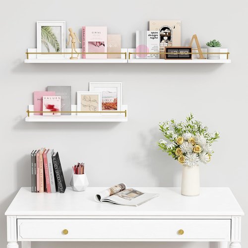Forbena Gold Floating Shelves - Modern Wall Decor Set of 3 with Guard Rail - White and Gold