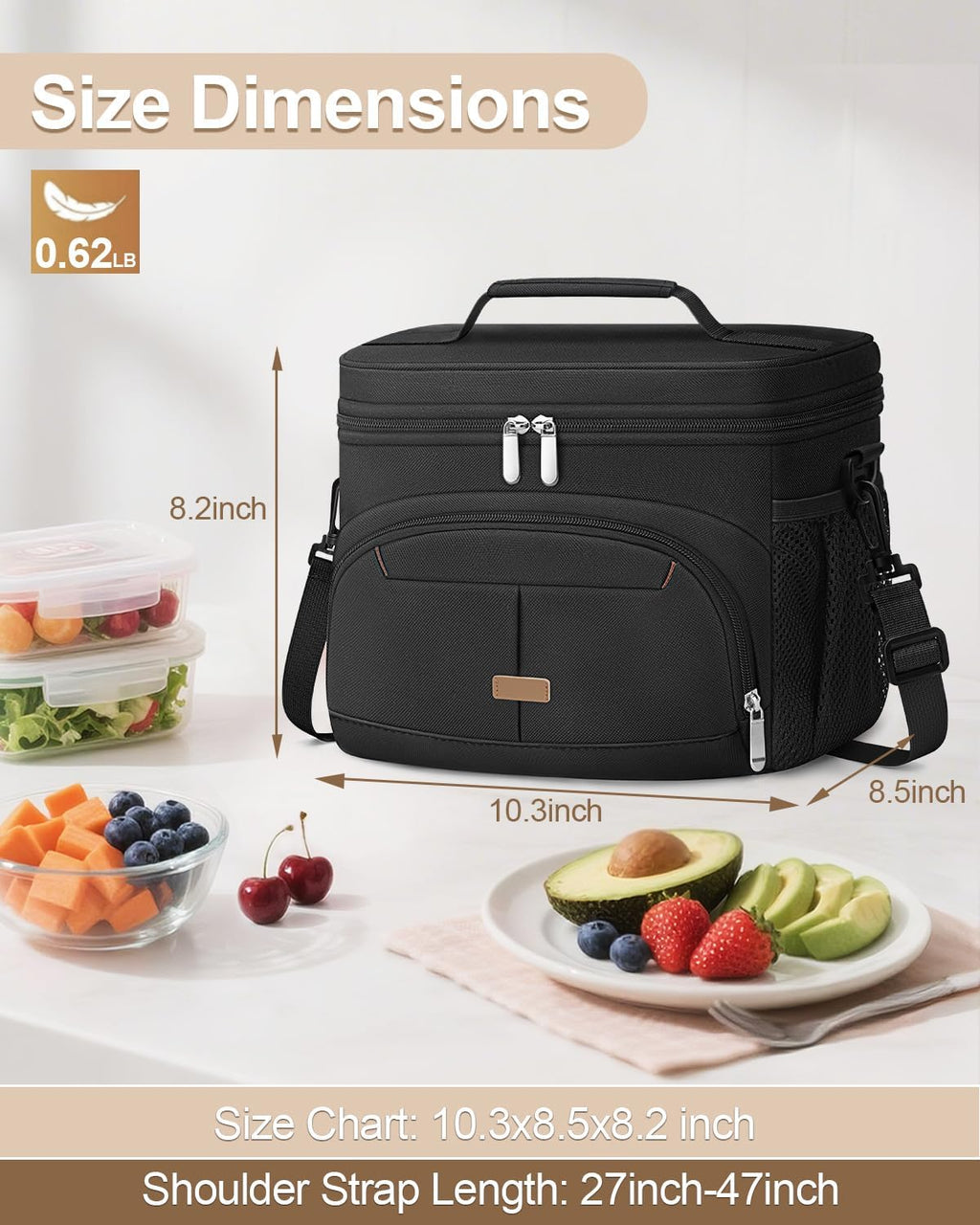 Pritent Insulated Lunch Box - Leakproof Cooler Bag with Removable Strap | Black, 12L Size