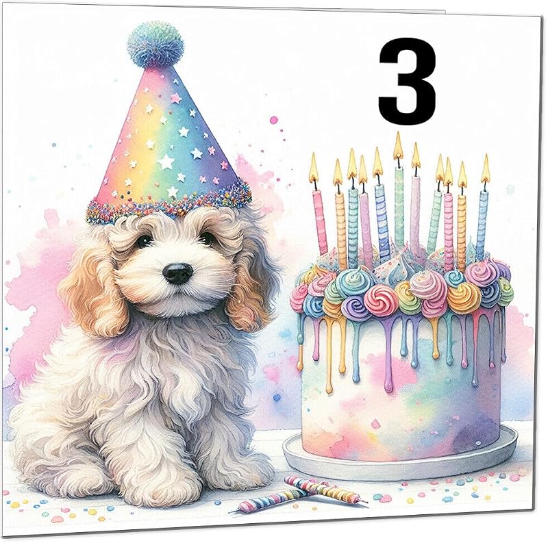 3rd Birthday Card for Kids - Cute Watercolor Dog Rainbow Design