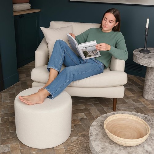 KKdema Round Pouf Ottoman and Foot Rest, Soft Boucle Footstool Ottomans for Living Room, Comfort Sponge Stuffed Poofs for Couch Desk Resting Your Feet, White(17.1" D x 17.1" W x 14" H)