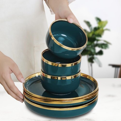 TRUCART - 18-Piece Ceramic Dinner Set for 4 People – Elegant Green Tableware with Rice Bowls, Spoons, Soup Bowl, Deep & Shallow Plates, and Saucers – Durable & Stylish