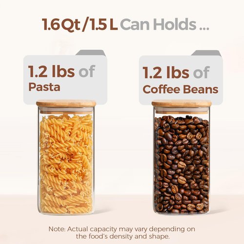ComSaf Airtight Glass Storage Canister - Wood Lid Food Storage Jar Set of 3 | 1.6 Qt Clear Containers for Oats, Pasta, Flour, Sugar, Tea, Coffee Beans
