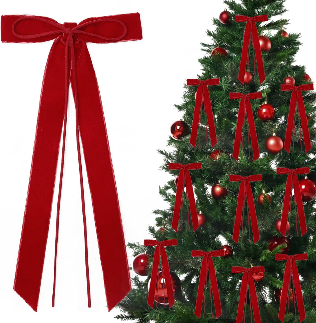 Regine Switzerland 12Pcs Red Velvet Ribbon Bows - 5in x 10in Christmas Tree Ornaments | Holiday Decor