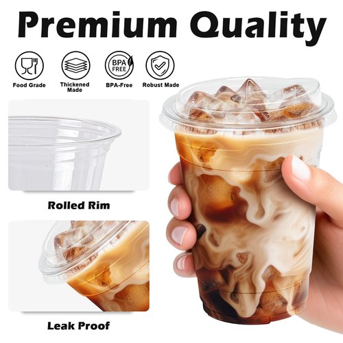 Clawsoff 16 oz 100 Pack Clear Plastic Cups with Lids, Sturdy Iced Coffee Cups with Sip Lids, Disposable Food Safe Smoothie Cup for Cold Drinks, Juice, Milkshake