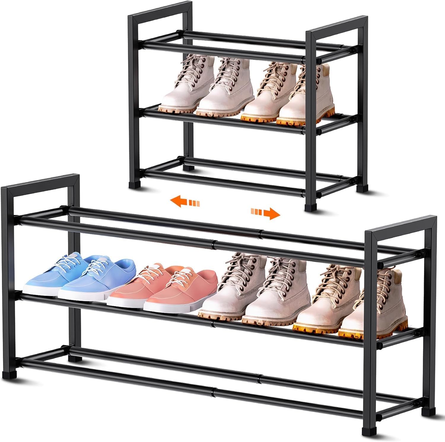 Bumusty 3-Tier Expandable Shoe Rack - Adjustable 18"-33" Organizer for Small Spaces, Sturdy Metal, Black