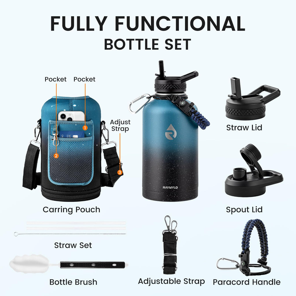 RAYMYLO 64oz Insulated Water Bottle, Triple Wall Vacuum Stainless Steel Water Bottles - Keeps Cold 48H, Reusable Half Gallon Jug for Gym, Sports, Camping, Hiking,Travel, Starry Sky-Indigo/Black