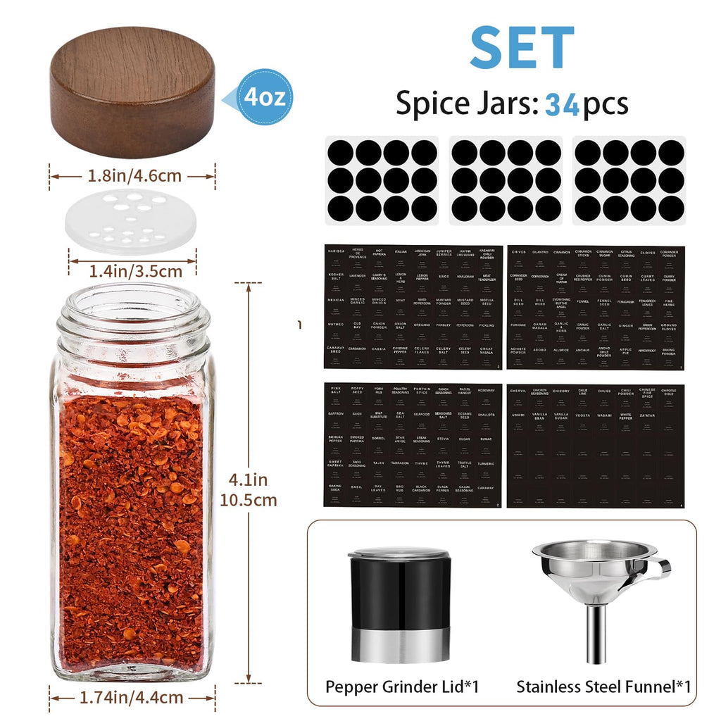 Yangbaga 34Pcs Glass Spice Jars with Labels-4oz Acacia Wood Lid Square Spice Containers with Pepper Grinder Lids &Funnel,Seasoning Jars for Rack Cabinet Drawer
