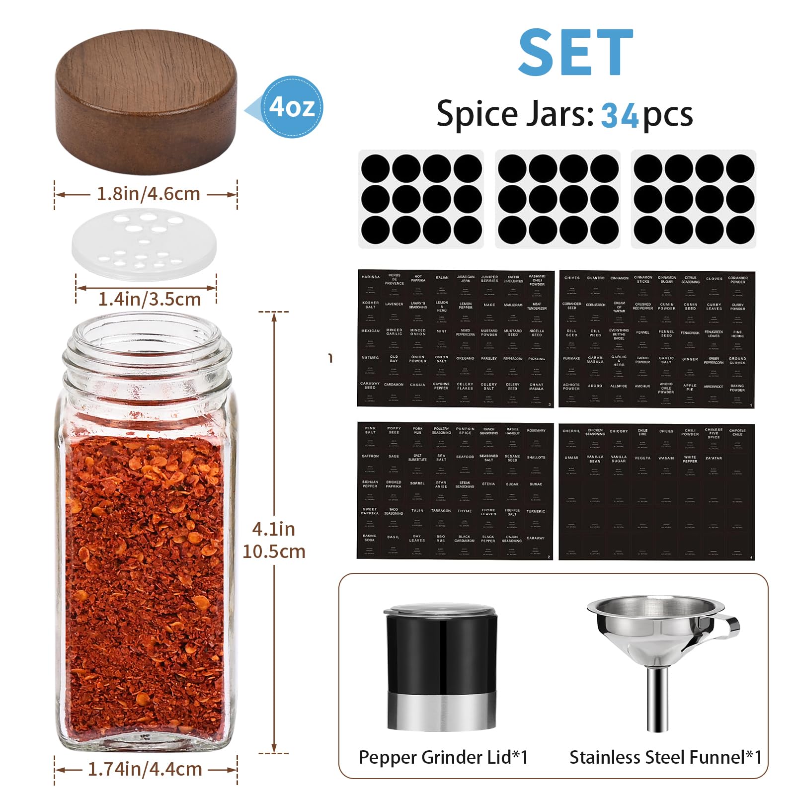 Yangbaga 34Pcs Glass Spice Jars with Labels-4oz Acacia Wood Lid Square Spice Containers with Pepper Grinder Lids &Funnel,Seasoning Jars for Rack Cabinet Drawer