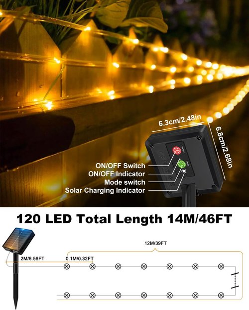 Btfarm Solar Rope Lights - 120 LED 46FT Waterproof Outdoor String Lights | 8 Lighting Modes for Garden, Patio & Christmas Decor