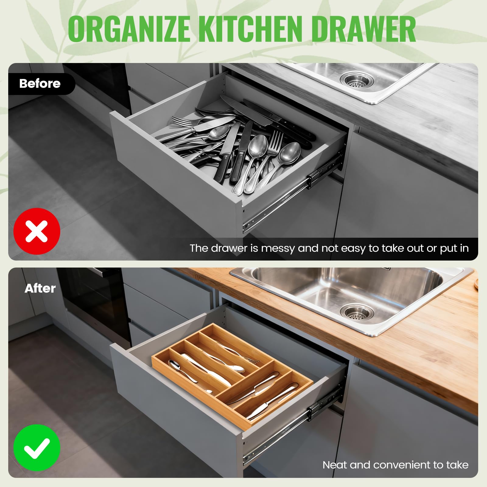Bayting Bamboo Silverware Organizer, Bamboo Kitchen Drawer Cutlery Organizer, Utensil Holder, Flatware Organizer Tray (15.8"x9.5"x1.6")