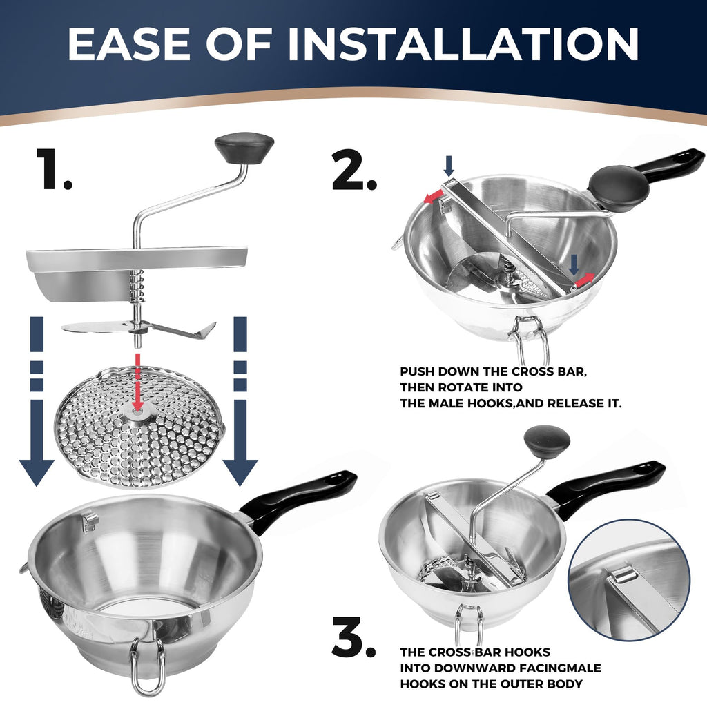 Food Mill Stainless Steel With 3 Grinding Discs and Complete Canning Supplies Starter Kit of 8-Includes Tongs, Jar Lifter, Wrench, Lid Lifter, measurer,Funnel,Labels,Multifunctional Spoon(DM-BL-GR)