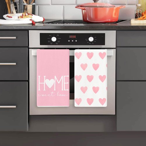 MEYUEWAL 2PCS Pink Heart Love Home Sweet Home Valentine's Kitchen Towels Dish Towels for Wedding Party Anniversary Valentine's Day (16.5x23.6 Inch)