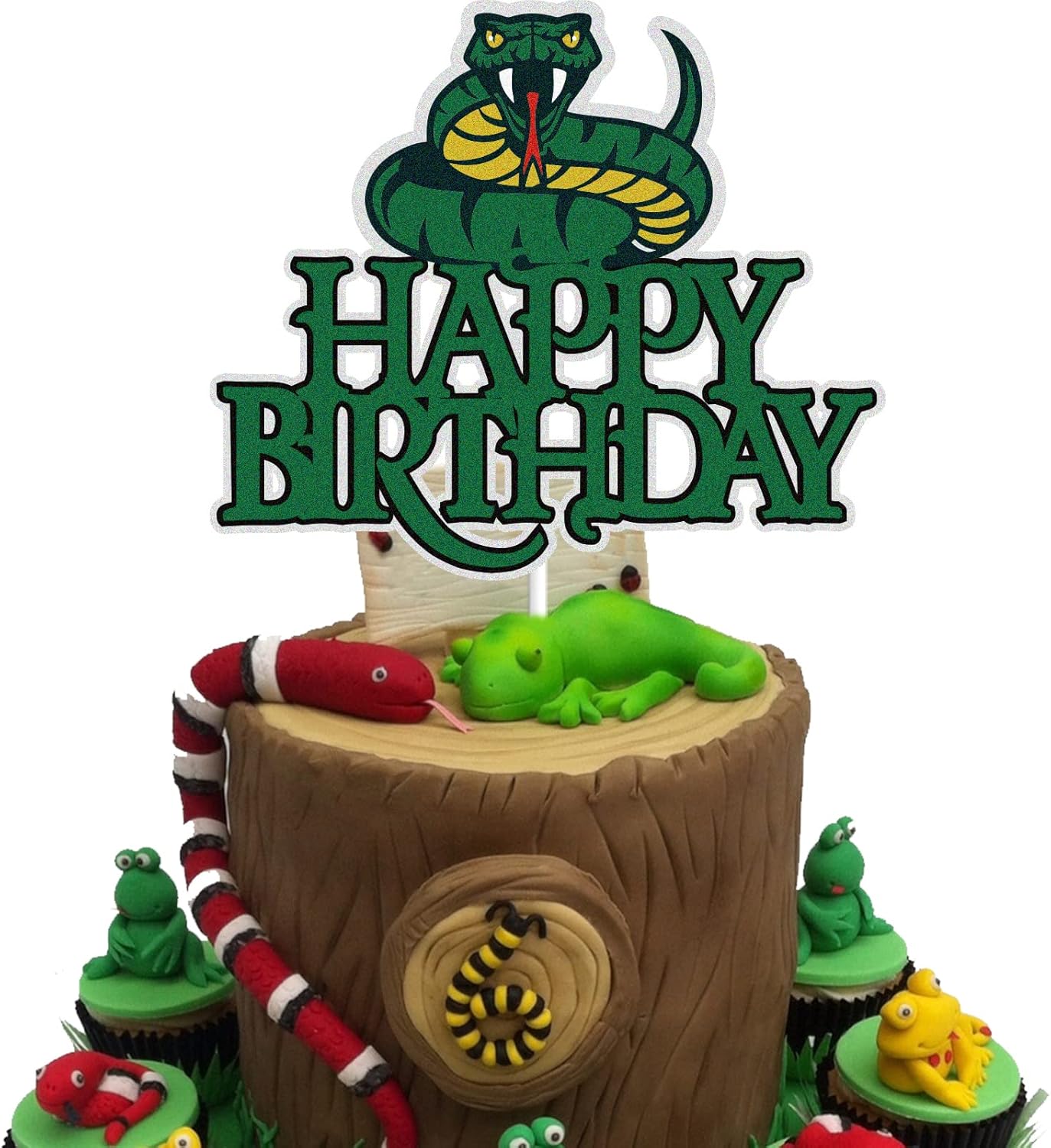 Snake Happy Birthday Cake Topper - Green Glitter Jungle Animal Theme Decoration for Kids & Adults