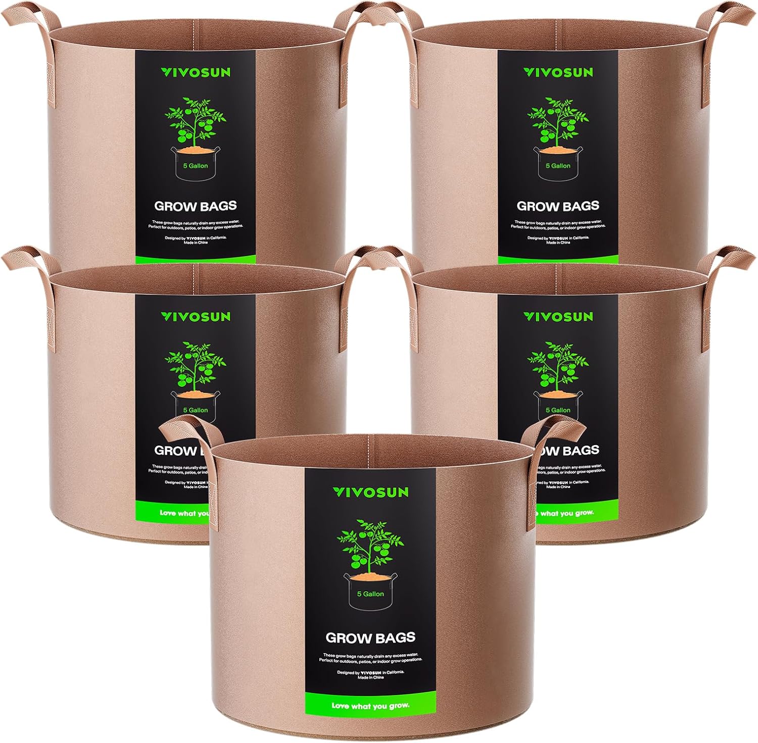 VIVOSUN 5-Pack Heavy-Duty 5 Gallon Grow Bags | Thickened Nonwoven Fabric with Strap Handles - Tan