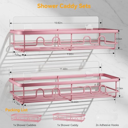 Adhesive Shower Caddy | Large Capacity No-Drill Bathroom Organizer - 2 Pack Pink Shelves for Home Decor