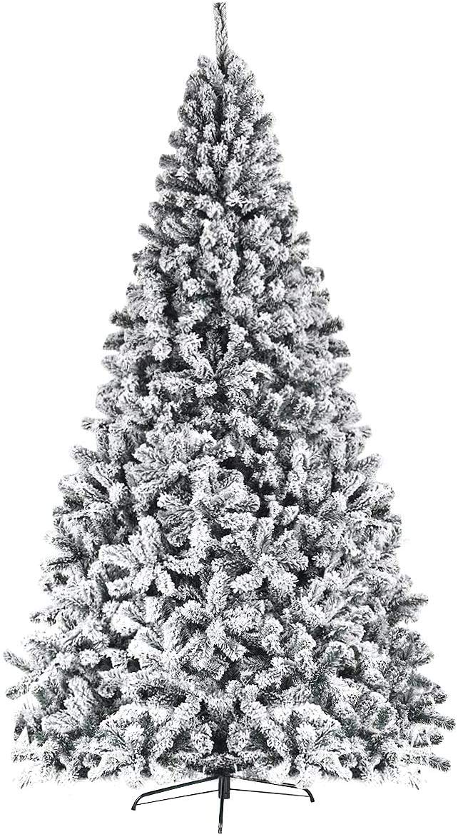 9FT Snow Christmas Tree - Artificial Flocked Hinged Pine with Metal Stand, Full Indoor/Outdoor Xmas Tree (Variation: 9ft)