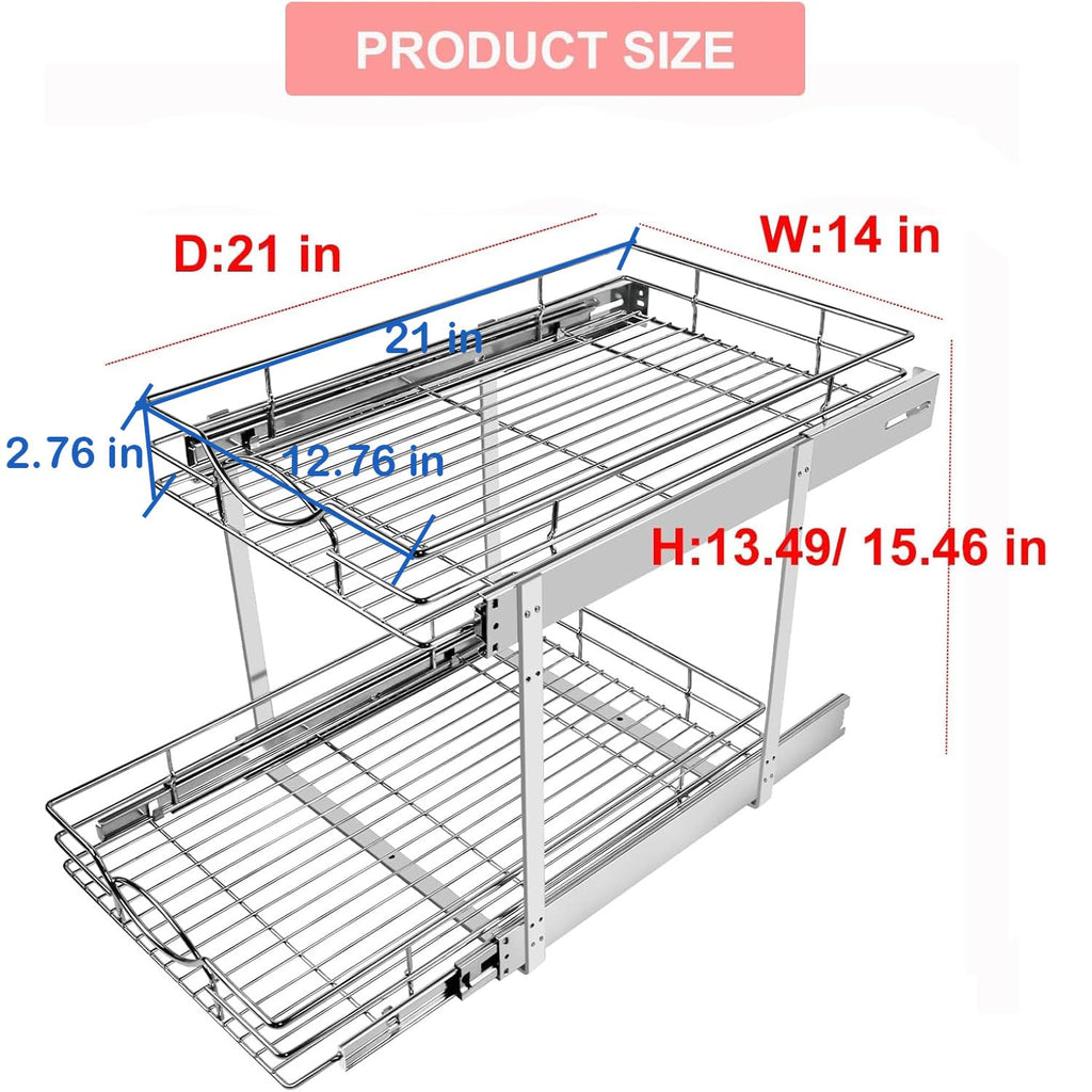 Sikarou Pull Out Cabinet Organizer 14" W x 21" D 2-Tier Individual Slide Out Drawer Pantry Shelf Storage for Kitchen Base Cabinet Organization for Kitchen, Bathroom, Pantry, Chrome