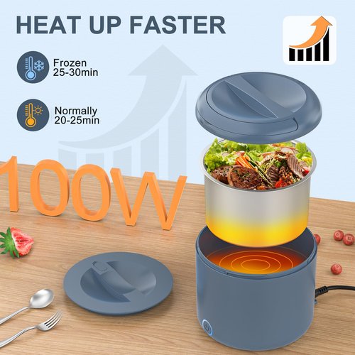 Herrfilk Electric Lunch Box Food Heater, 1.2L/41oz Heated Lunch Boxes for Adults, 12V/24V/110V Portable Food Warmer for Car/Truck/Office With Fork Spoon and Insulated Carry Bag（Blue）