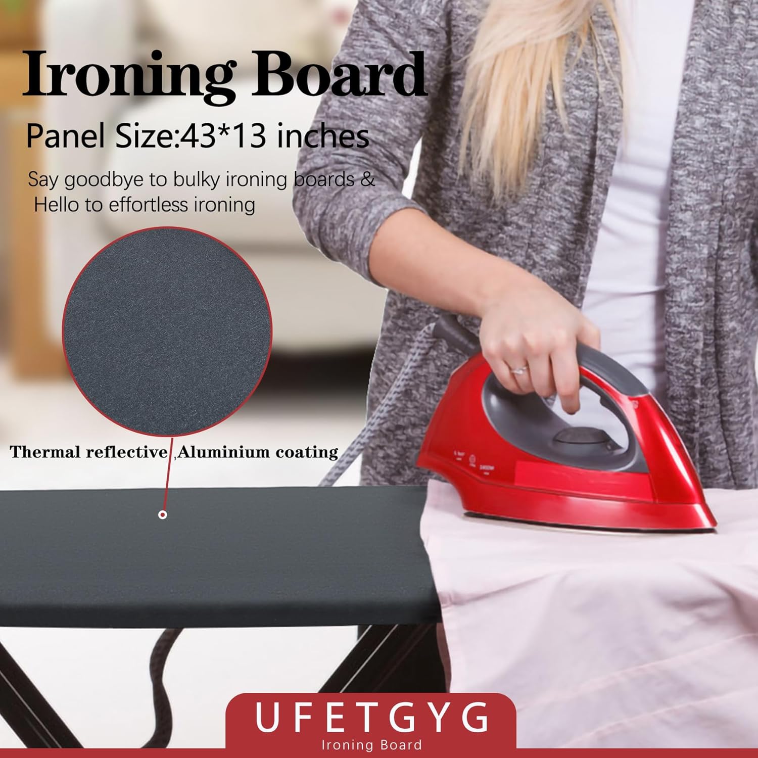 UFETGYG Ironing Board - Height Adjustable Metal Panel | 43" x 13" | Heat Resistant Fabric & Iron Rest