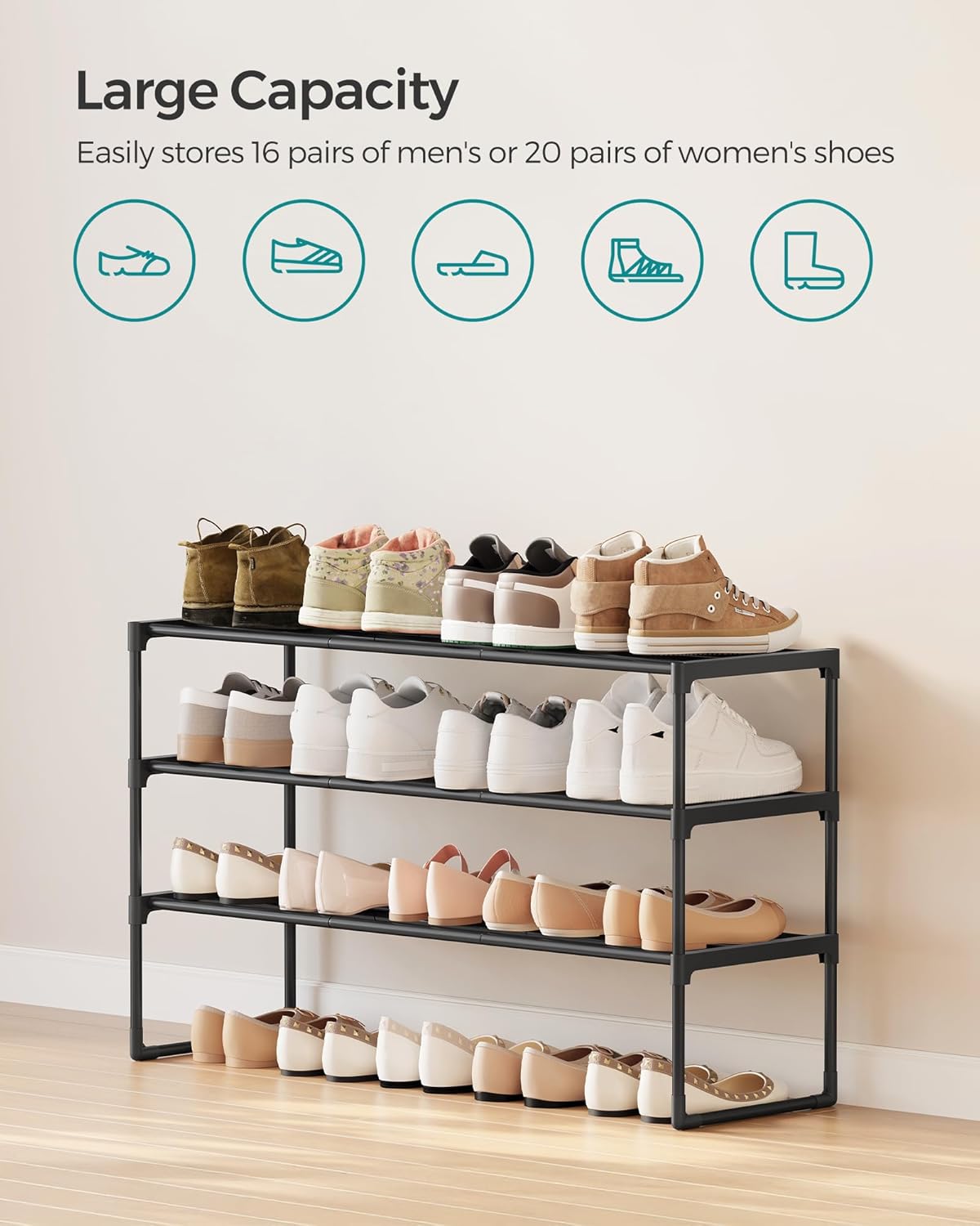 SONGMICS Shoe Rack - 3-Tier Metal Organizer for 16-20 Pairs | Stackable & Versatile Design, Black 11.8 x 36.2 x 21.7 Inches