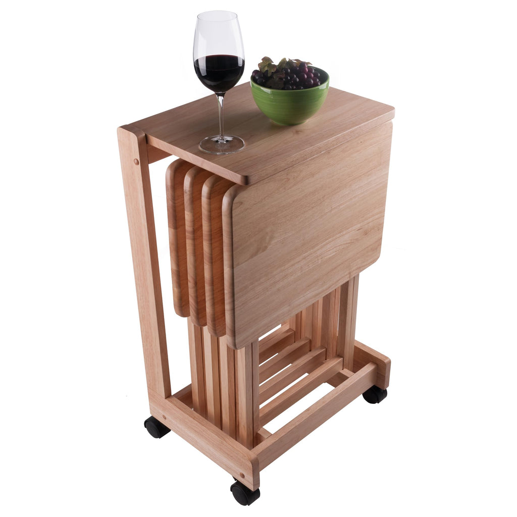 Winsome Brienda Snack Table Set with Mobile Serving Cart, for Living Room, Patio, 32", Natural, Set of 4 Tables