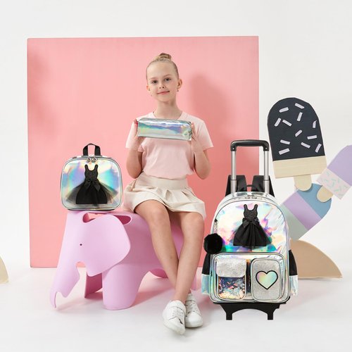 HTgroce Rolling Backpack with Wheel,School Backpack for Kids Girl Roller Schoolbag Wheeled Backpacks Set Carry-on Luggage,Black