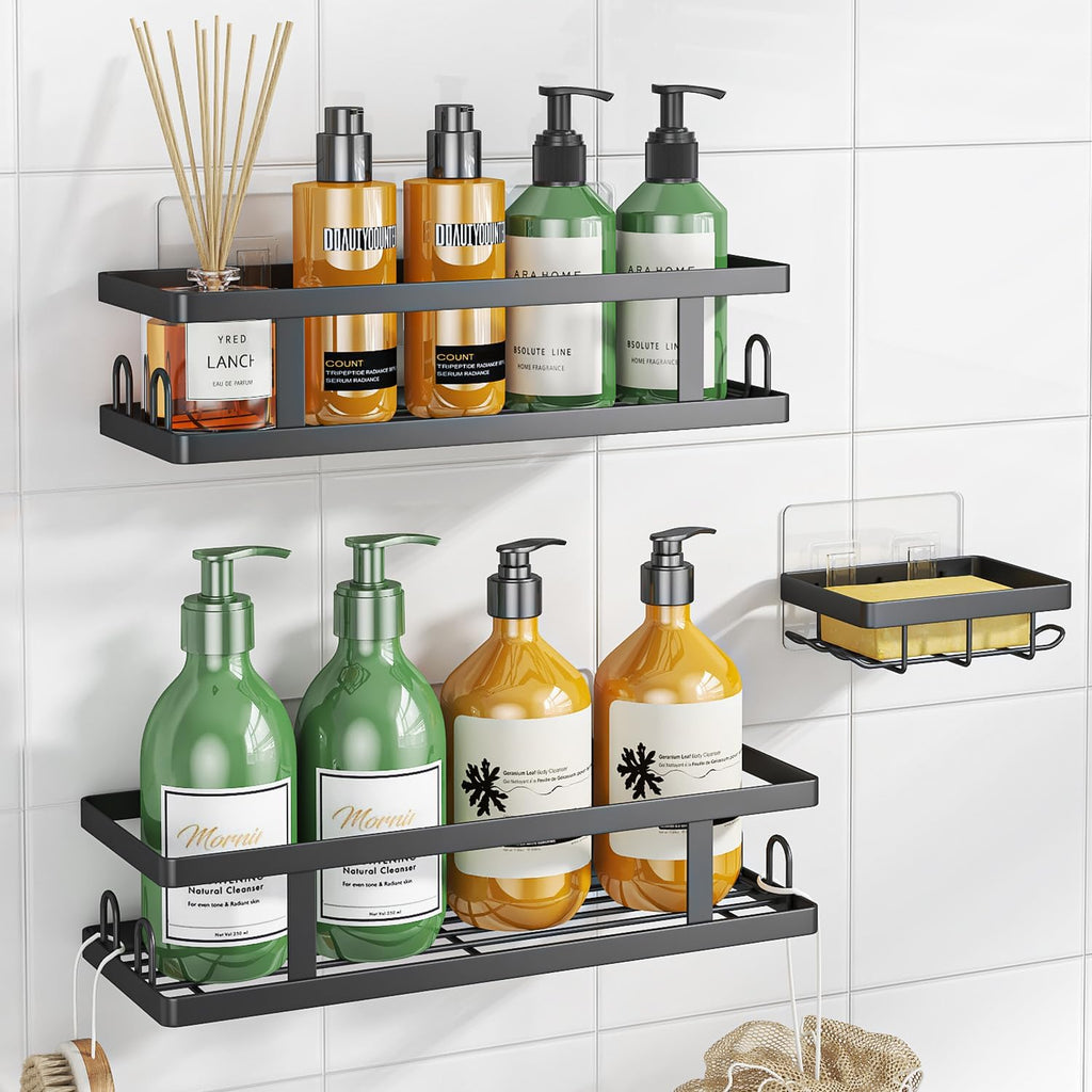Youvip Adhesive Shower Caddy - Rustproof Bathroom Organizer with Soap Holder & 12 Hooks | Black, 3 Pack