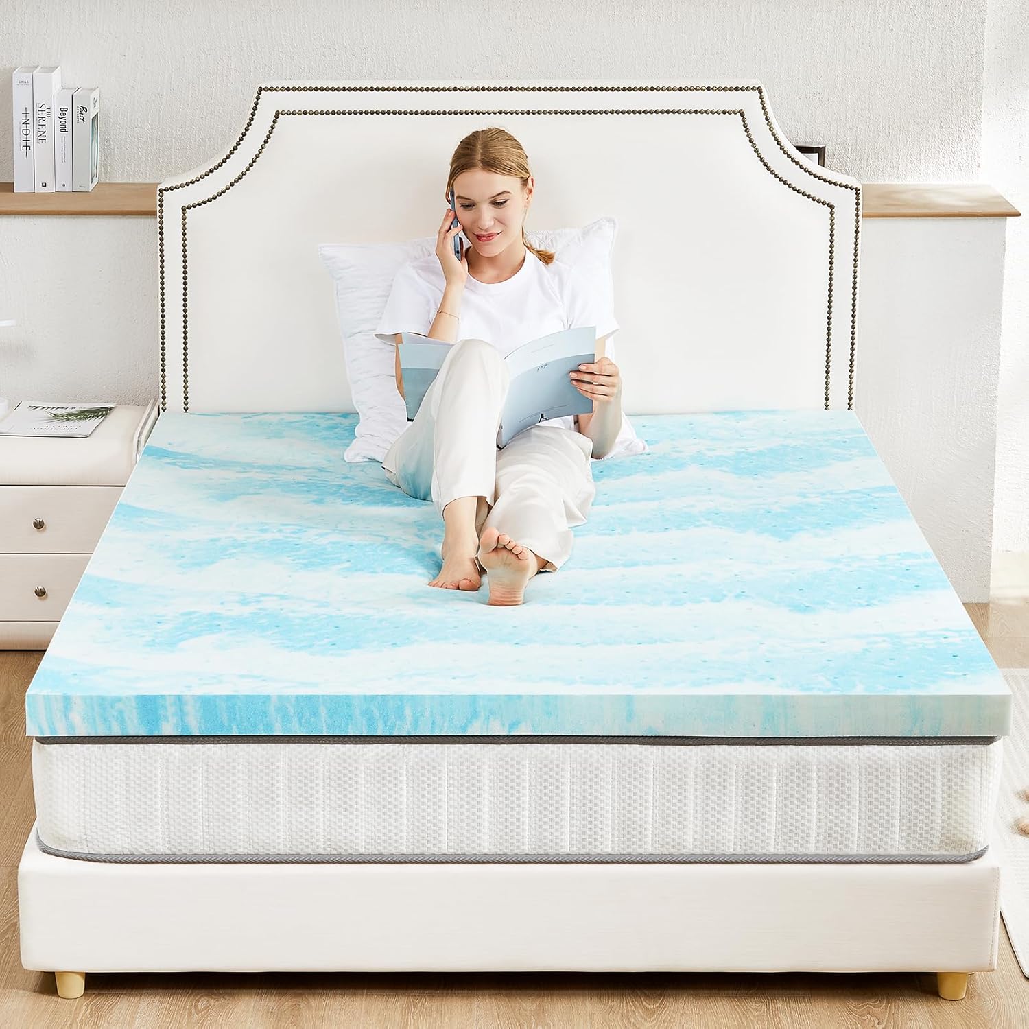Sweetcrispy Mattress Topper - Cooling Gel Infused Memory Foam | 2 Inch Thick Queen Size Bed Pad - Blue