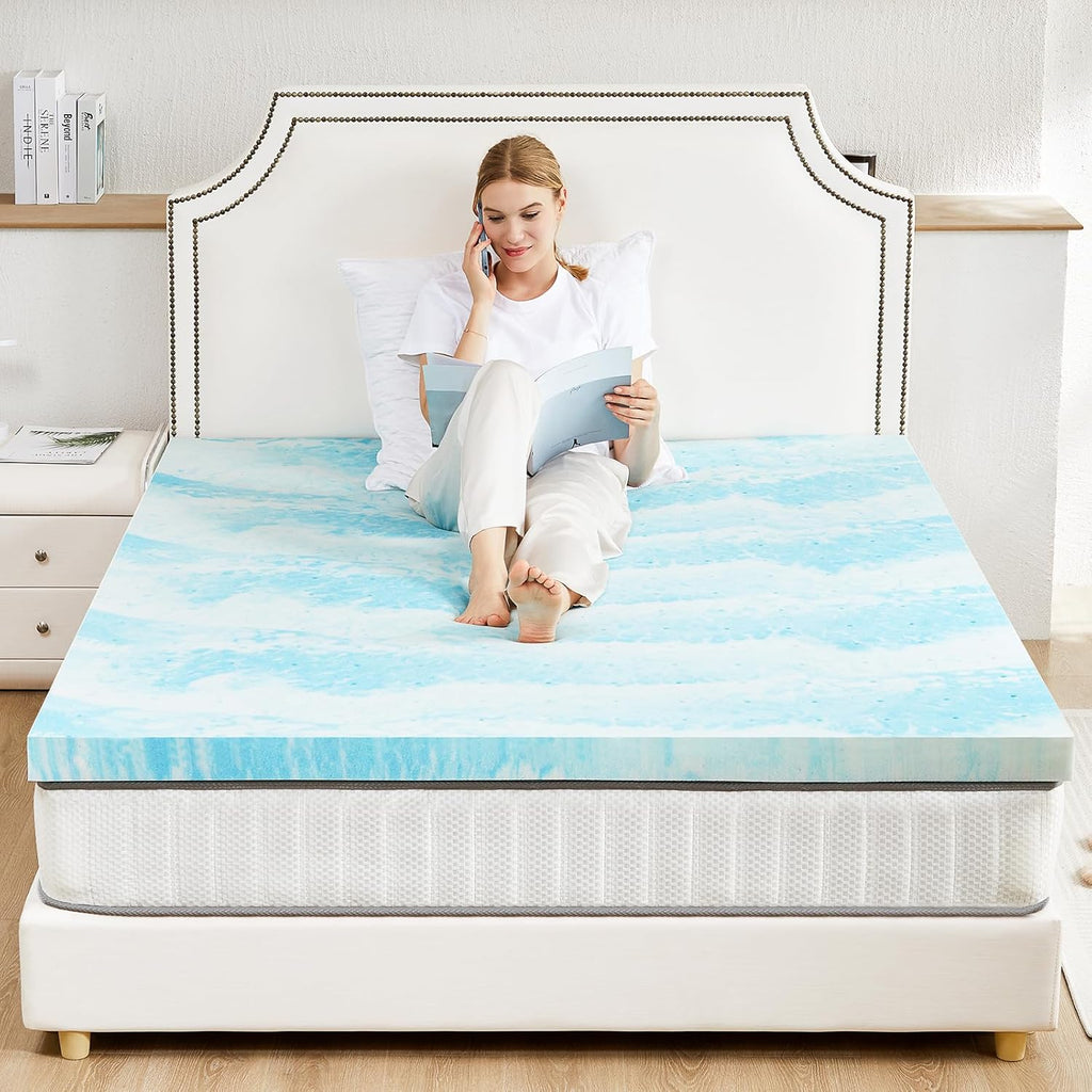Sweetcrispy Memory Foam Mattress Topper - 3 Inch Thick Gel-Infused Cooling Pad for Queen Size Bed | CertiPUR-US Certified, Breathable Blue