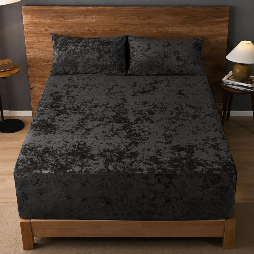 David's Home Velvet Fitted Sheet and Pillowcases Set Queen Size, Extra Deep Pocket up to 18", Soft Plush Fleece Bottom Sheet with Side Pocket & Elastic Corner Straps, Fall Winter, Black