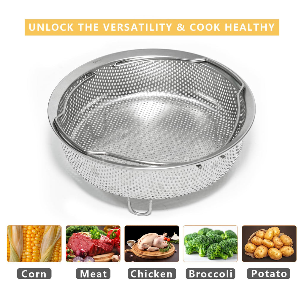 ICEICE Stainless Steel Steamer Basket - Vegetable & Dumpling Steamer Insert for Pots, Instant Pot Accessories with Handles & Feet, Multi-Purpose Mesh Strainer for Cooking, Fruits (Silvery, Large)