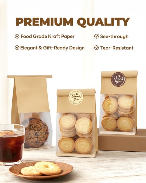 Bake Choice 50 Pcs Small Cookie Bags with Seal, 3.9x3.1x8.2 Inches Tin Tie Tab Lock Bakery Bags with Window, Resealable Paper Cookie Packaging Bag for Muffin, Treat, Brownie, Candies, Granola