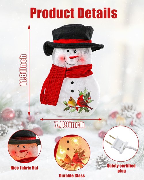 Bdor 11-Inch Glass Snowman Decoration - Light-Up Holiday Ornament with Cardinals & Red Scarf for Indoor Christmas Décor