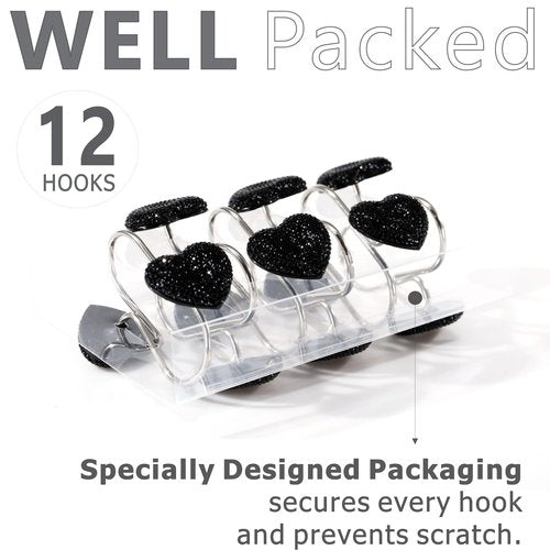 Black Heart Shower Curtain Hooks: Sparkling Shower Hooks with Crystal Rhinestones - Stainless Steel Shower Rings Hangers for Gothic Bathroom Decor for Halloween Christmas Valentine's Day