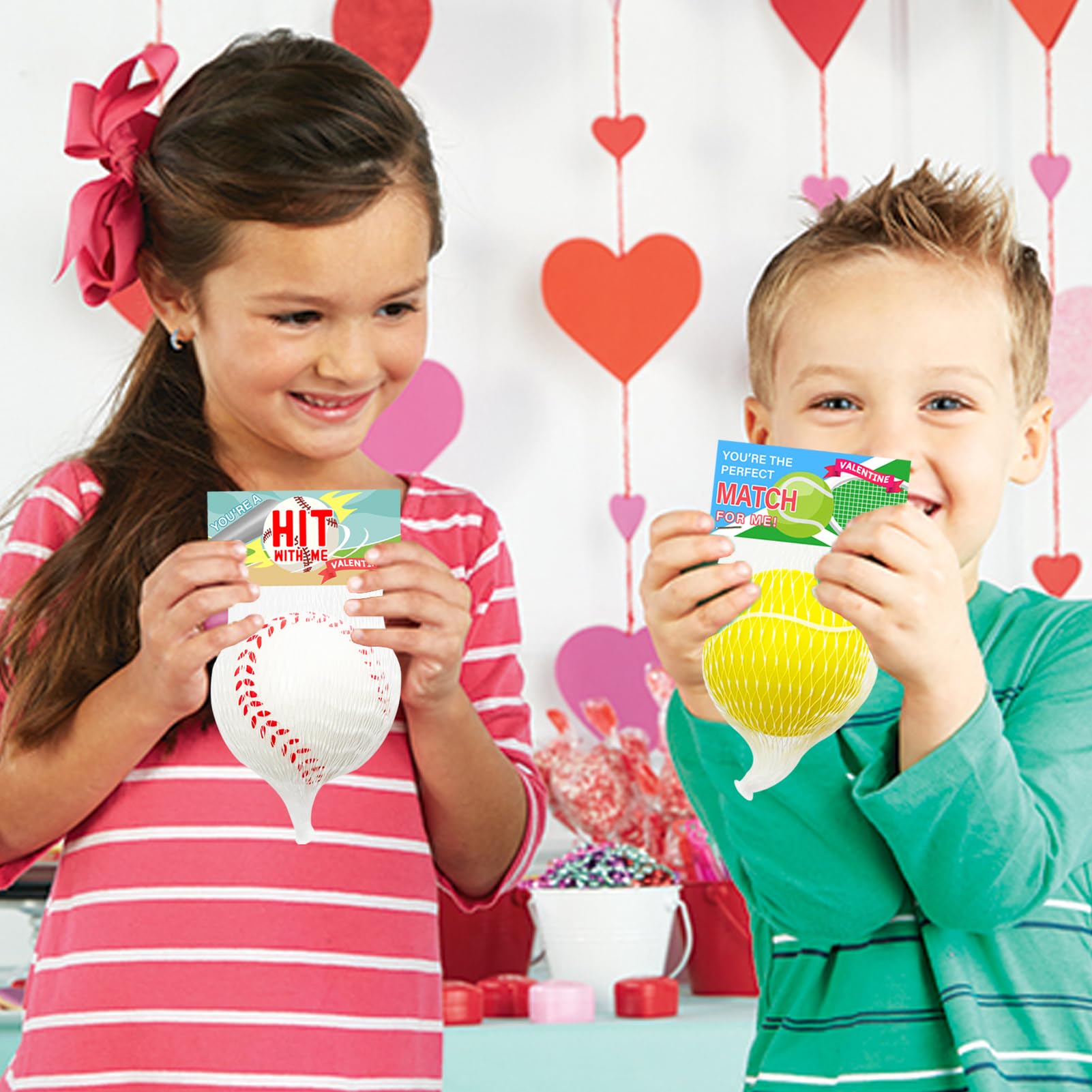 AouEtnay Valentines Day Gift Cards for Kids Classroom 20 Pack Mini Sports Stress Balls with Valentines Day Cards for Kids School Gift Exchange, Game Prizes, Valentines Party Favor Supplies