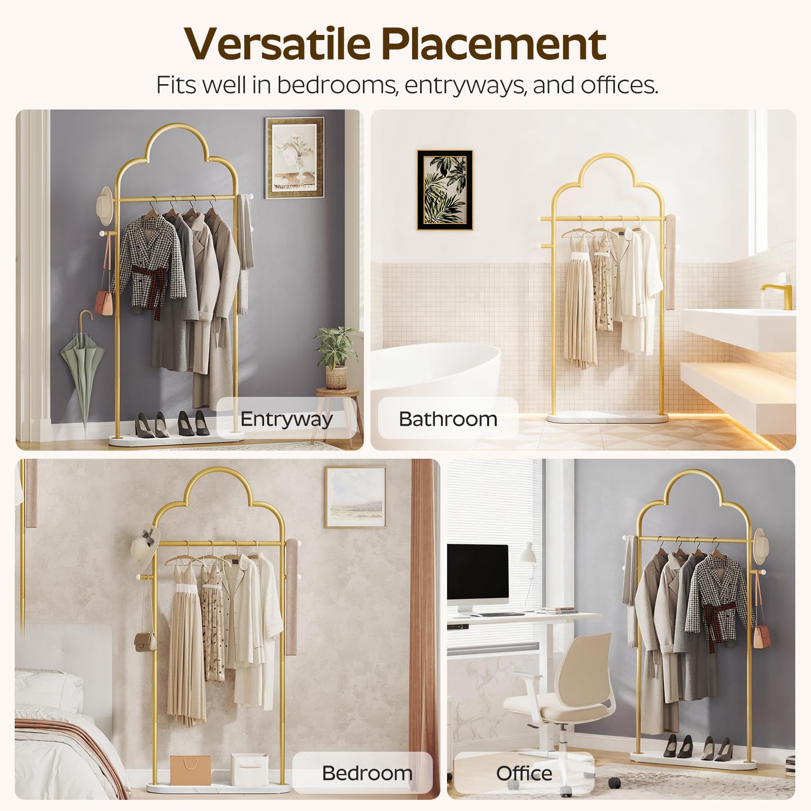 YATINEY Coat Rack Freestanding, Heavy Duty Clothes Rack with 4 Hooks, Metal Coat Hanger Stand with Stable Base, Gold Clothing Rack for Entryway, Bedroom, Office, Gold and Marble White YM04DM