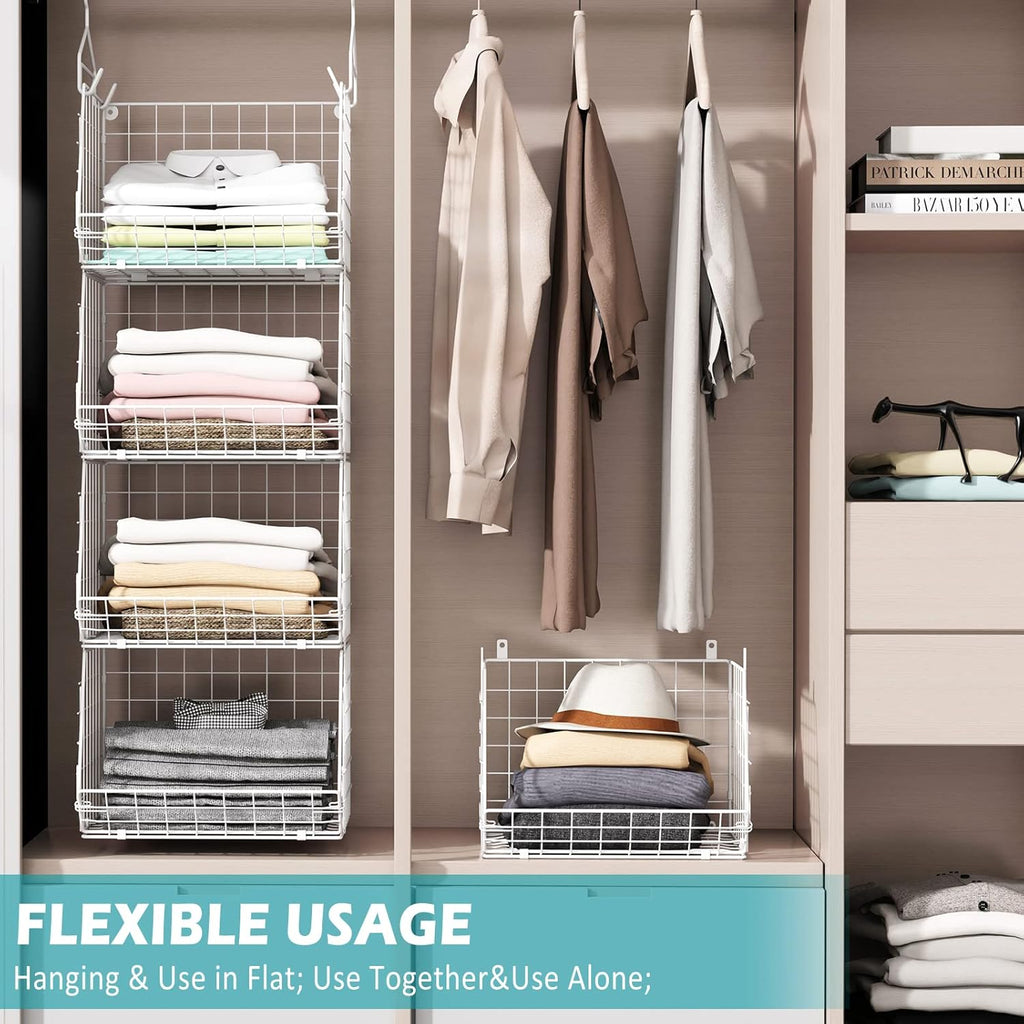 X-cosrack 4-Tier Closet Organizer - Foldable Shelving with Hooks & Wire Storage Baskets | Patent White