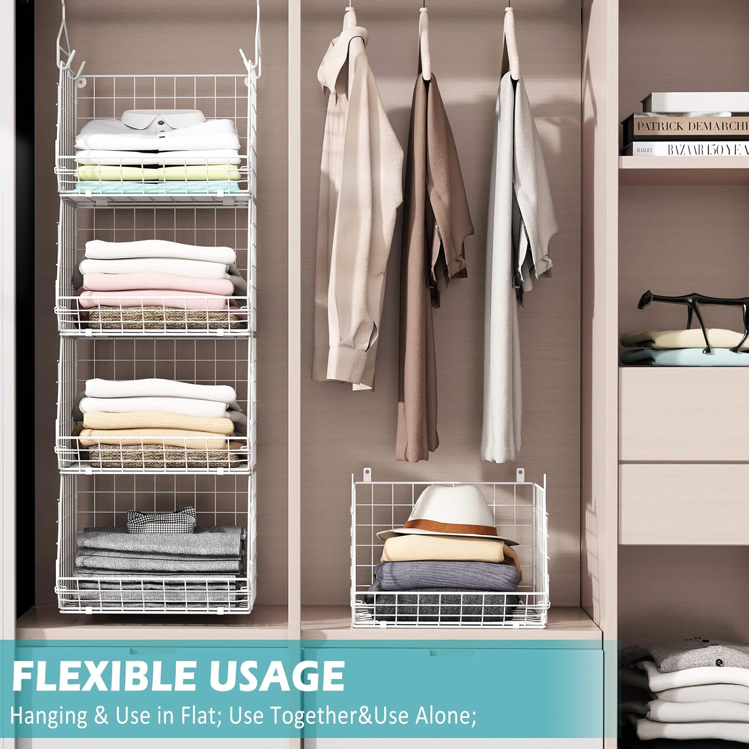 X-cosrack 4-Tier Closet Organizer - Foldable Shelving with Hooks & Wire Storage Baskets | Patent White