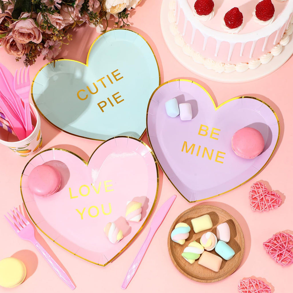 Suclain 36 Pcs Valentine's Day Heart Paper Plates 9 Inch Valentines Conversation Heart Shaped Paper Plates Disposable Candy Tableware Dinnerware for Galentine Party Favors Gifts (Green,Purple,Pink)