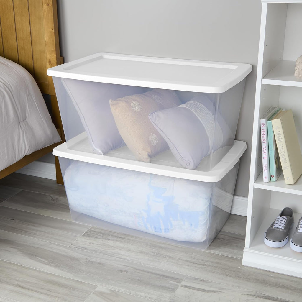 Skiennix 90QT Transparent Plastic Storage Boxes - 2-Pack with Snap-On Lids | Large 29" L x 18" W x 13" H for Home & Office
