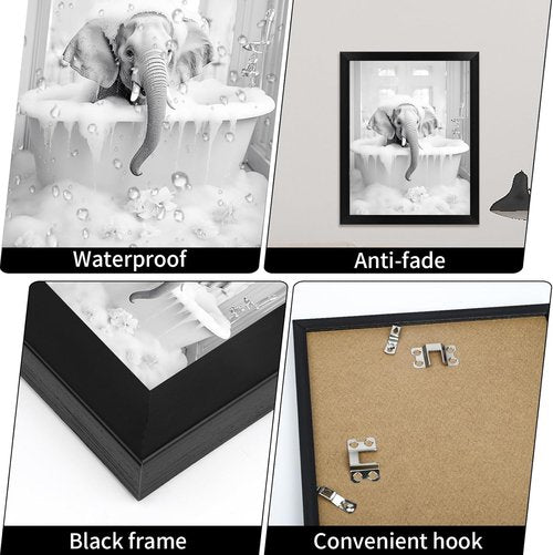 Elephant Wall Art by Animal | Funny Black and White Bathroom Decor | Framed 10" L x 8" W
