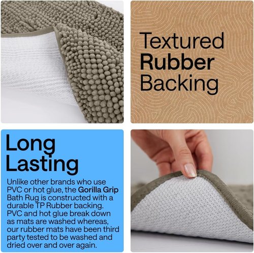 GORILLA GRIP Bath Rug Mat - Thick Soft Absorbent Chenille | Quick Dry Microfiber, 24x17, Latte
