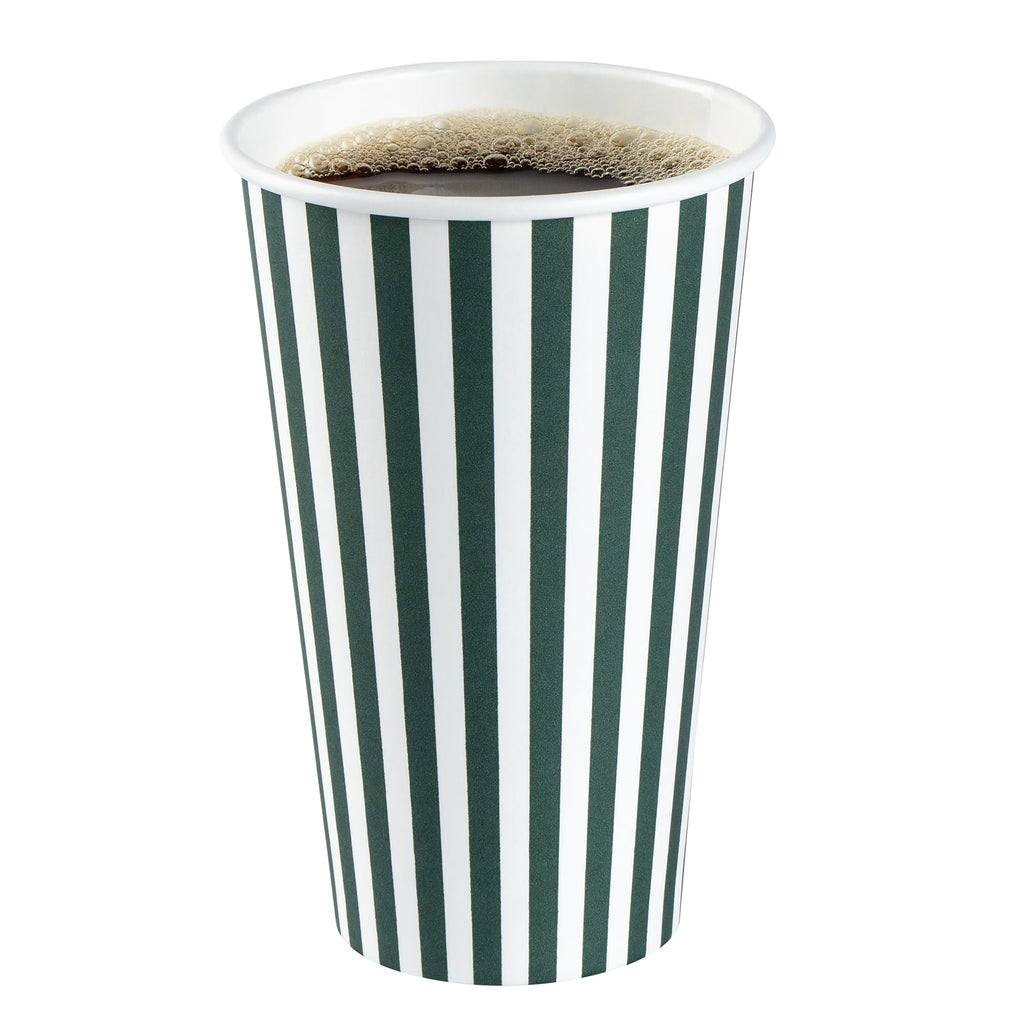 Restaurantware 16 Ounce Disposable Coffee Cups With Lids, 400 Hot Cups With Lids - Sleeves Sold Separately, Single Wall, Forest Green And White Stripe Paper Coffee Cups, For Coffee And More