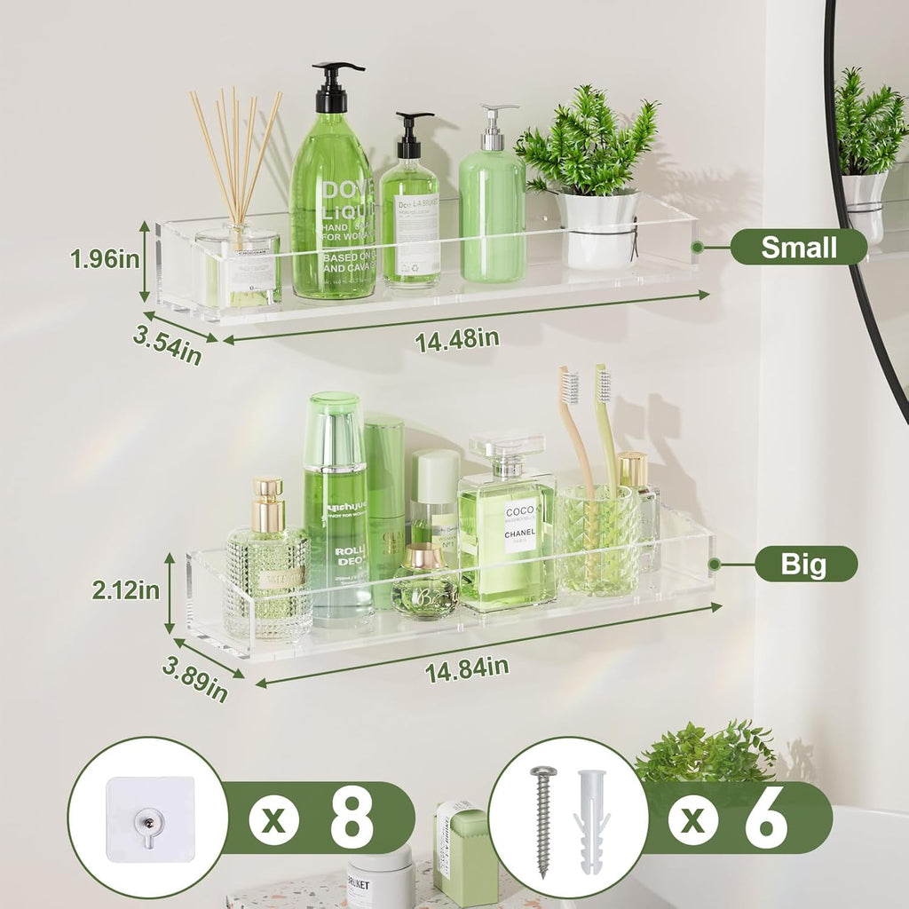 Skiennix 15" Clear Acrylic Floating Shelves - Space-Saving Wall Storage for Bathroom, Living Room & Kitchen