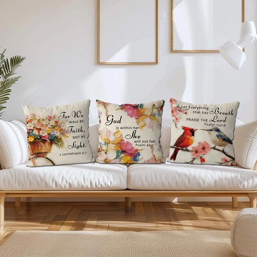 QIONG MENG Jesus Christian Pillow Covers 18 x 18 Inch Set of 4 Cardinal Butterfly Spring Summer Throw Pillowcase Floral Religious Decorative Cushion Case for Home Sofa Farmhouse Decorations