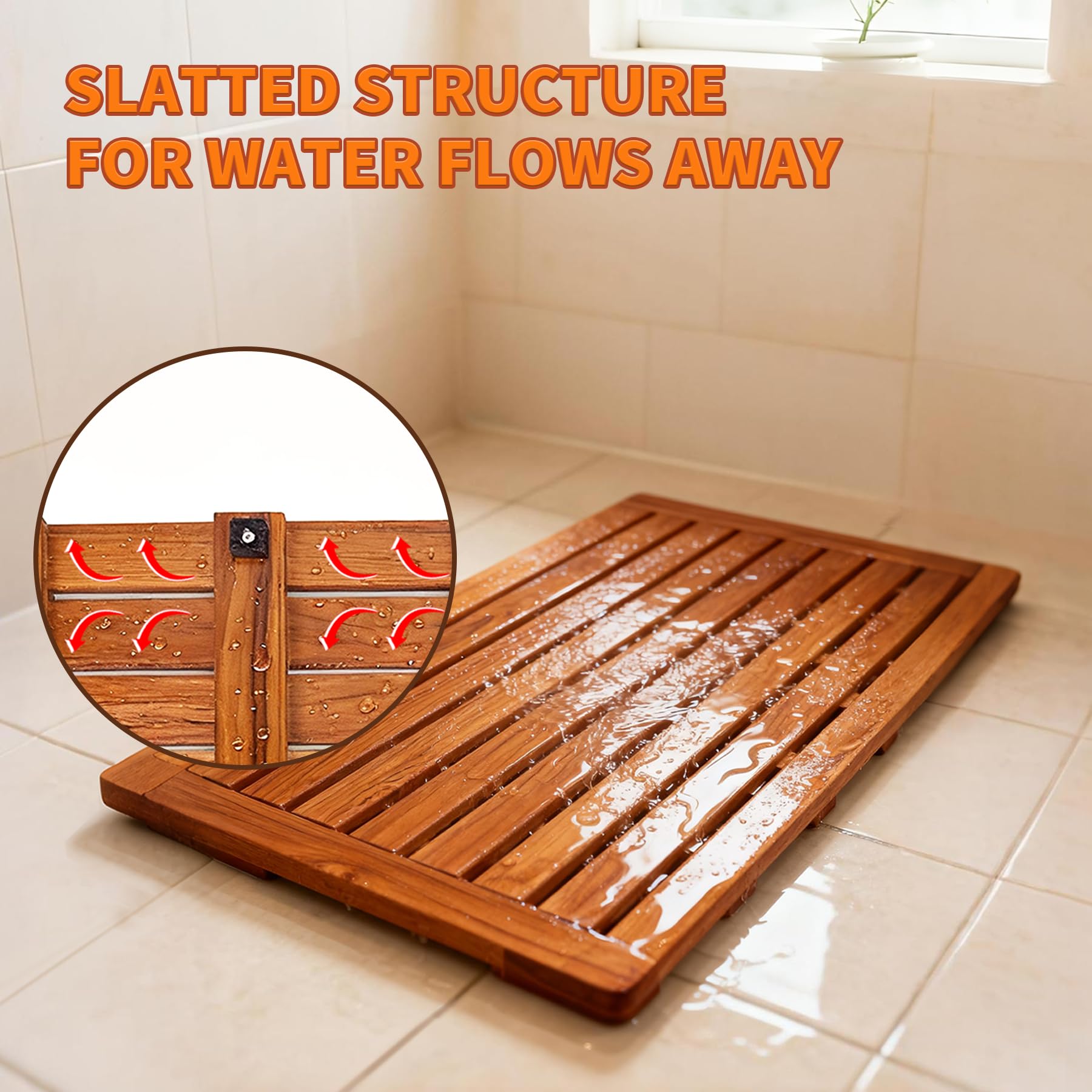 Utoplike Teak Bath Mat, Large Wood Shower Mats for Bathroom, 31.7"x17.9" Sturdy Floor Mat for Indoor Spa or Outdoor