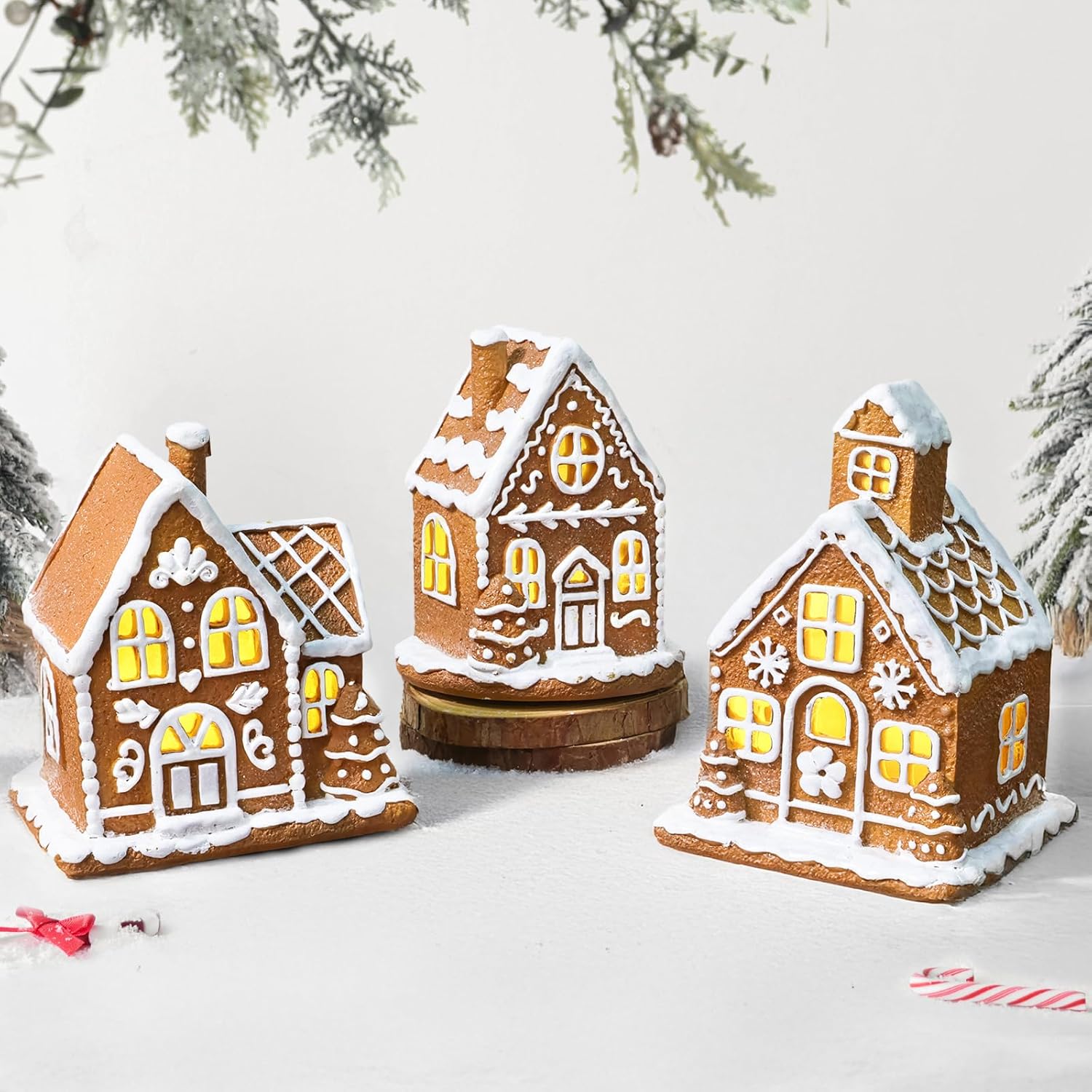 Skiennix Light-Up Gingerbread House Christmas Decorations - 3Pcs Collectible Figurines with LED Lights | Classic Swedish Xmas Table Décor