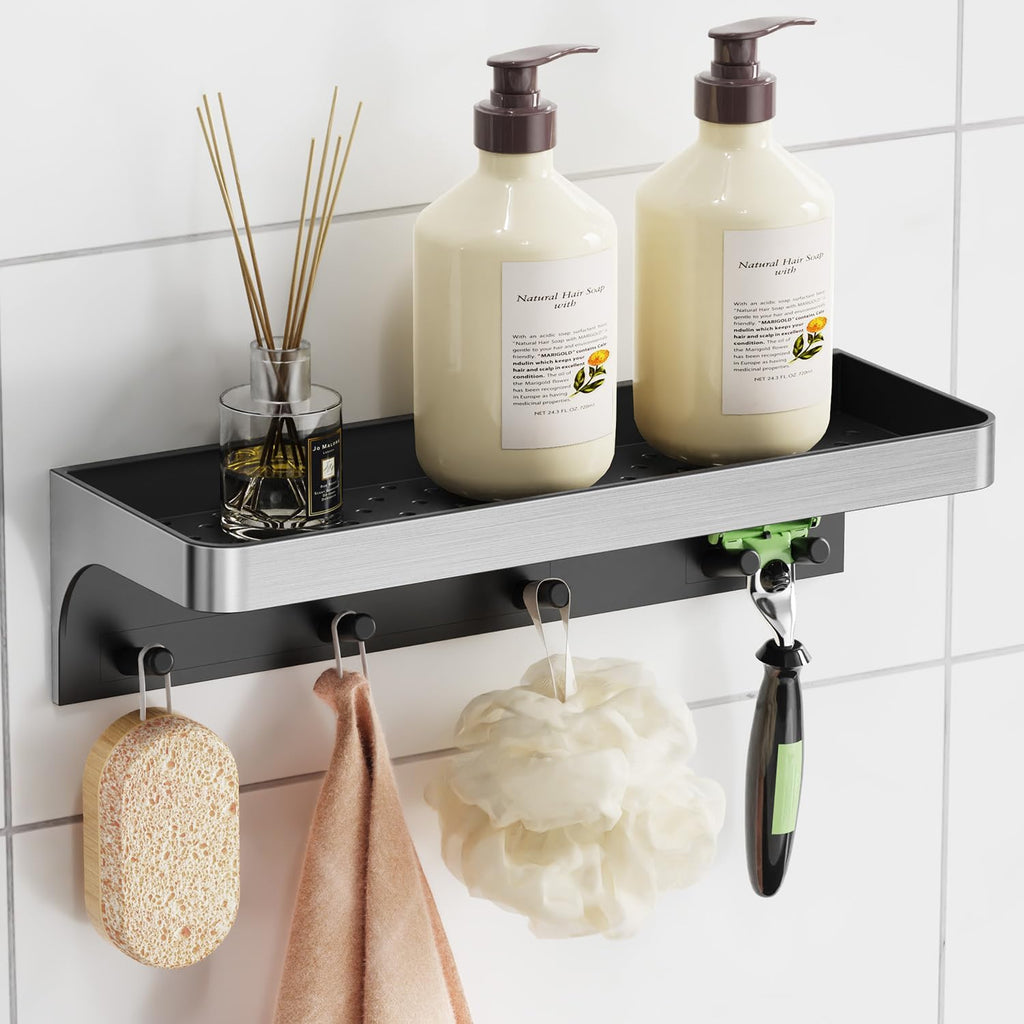 Skiennix Shower Caddy - Adhesive Bathroom Organizer with Hooks | Rustproof Silver Design