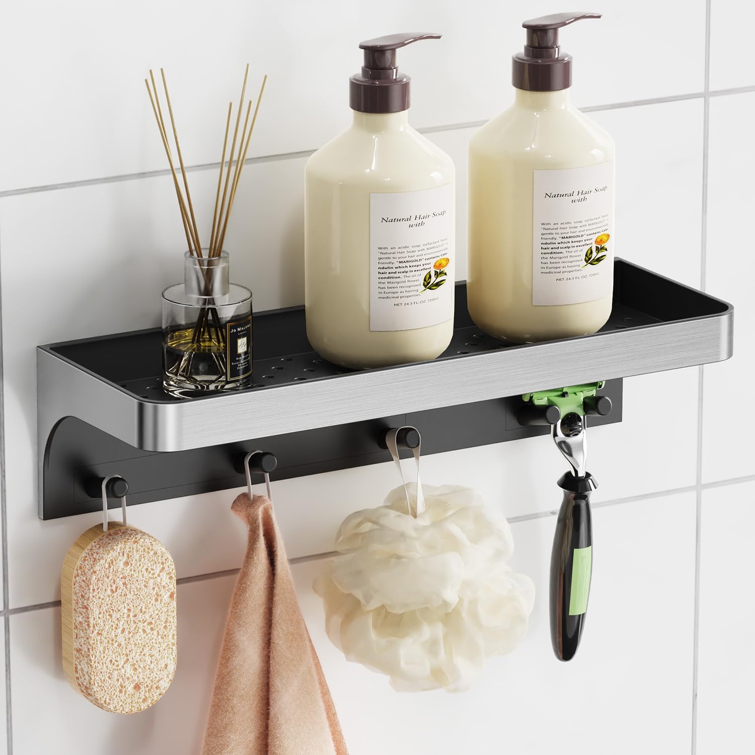 Skiennix Shower Caddy - Adhesive Bathroom Organizer with Hooks | Rustproof Silver Design