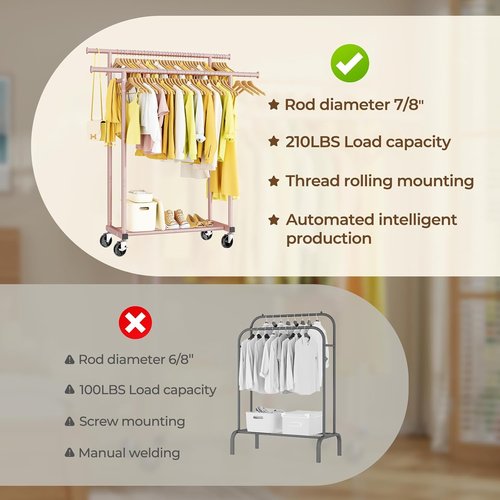 HYSEYY Clothes Rack - Sturdy Double Rod Portable Garment Rack for Bedroom & Laundry | Pink